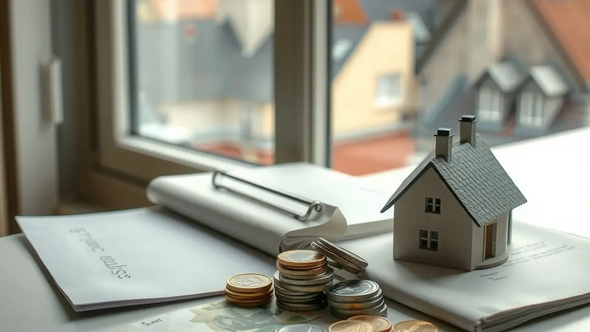 Pièces et billets en euros à côté d'un dossier fermé et d'une maquette de maison