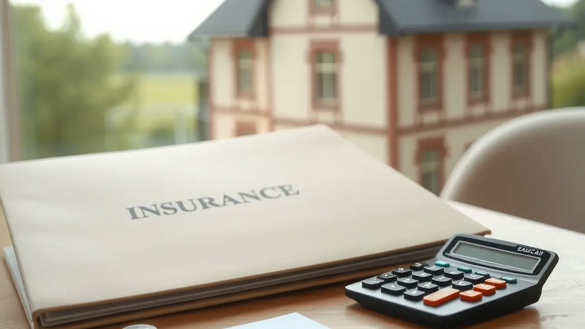 Dossier d'assurance fermé, calculatrice et pièces en euros devant une façade luxembourgeoise.