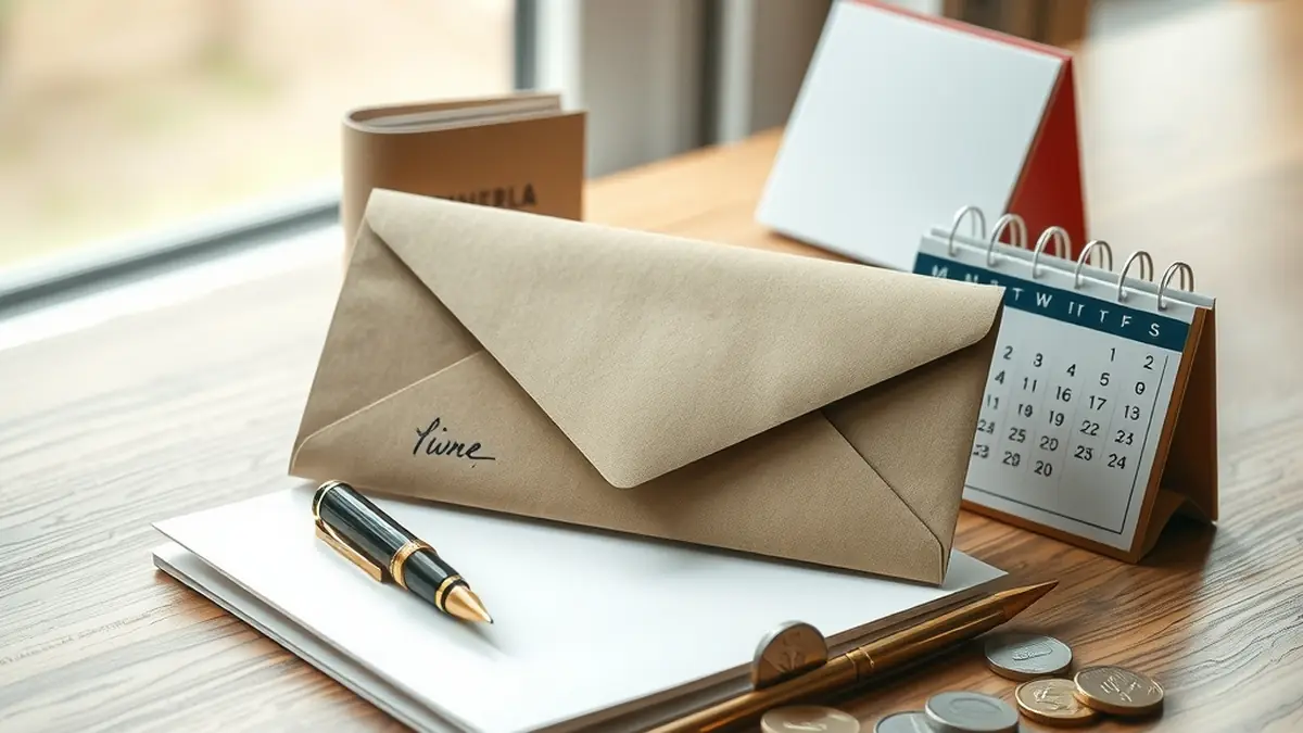 Enveloppe fermée, stylo et calendrier sur un bureau en bois