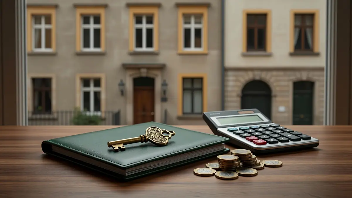 Clé de maison, dossier fermé et pièces en euros sur un bureau, symbolisant la garantie de l'État pour un prêt immobilier