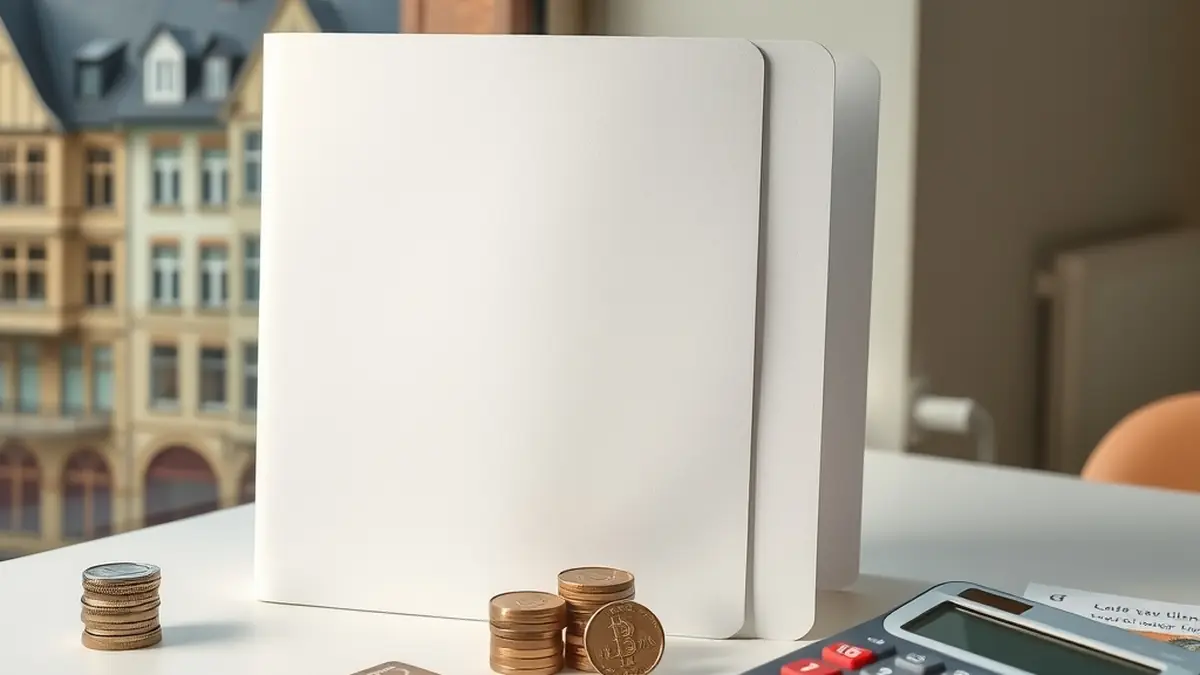 Dossier fermé, pièces en euros et carte bancaire vierge devant une façade luxembourgeoise