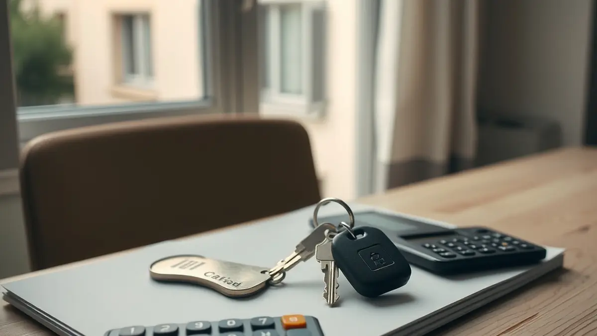 Clés de maison posées sur un dossier fermé, à côté d'une calculatrice
