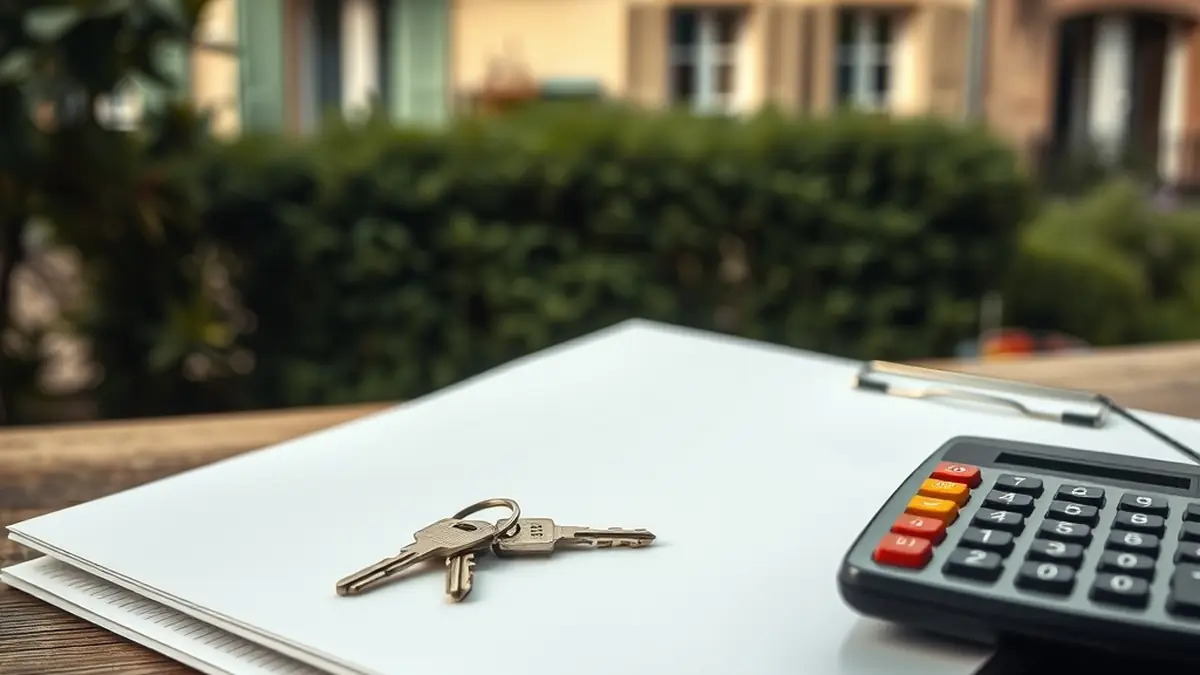 Dossier fermé, clés et calculatrice devant une façade d'immeuble