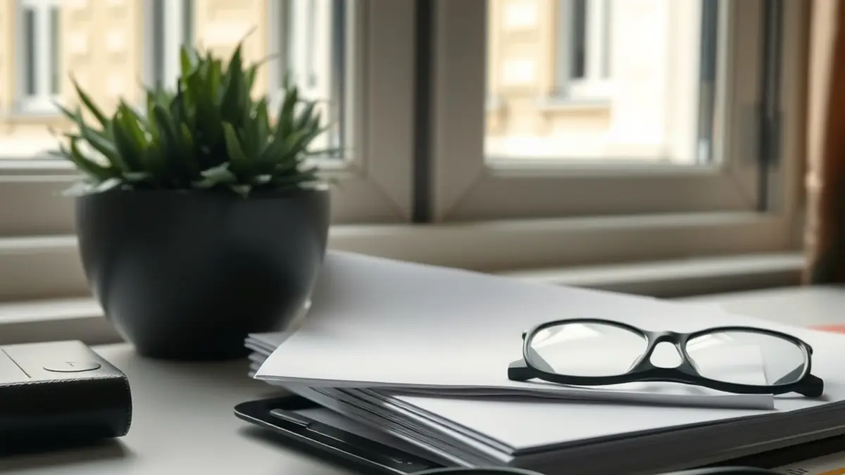 Dossier fermé, loupe et lunettes sur un bureau, façade en arrière-plan